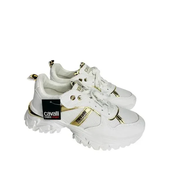 Cavalli class womens Chunky sneakers size 39 white/gold/leopard New - Picture 2 of 9